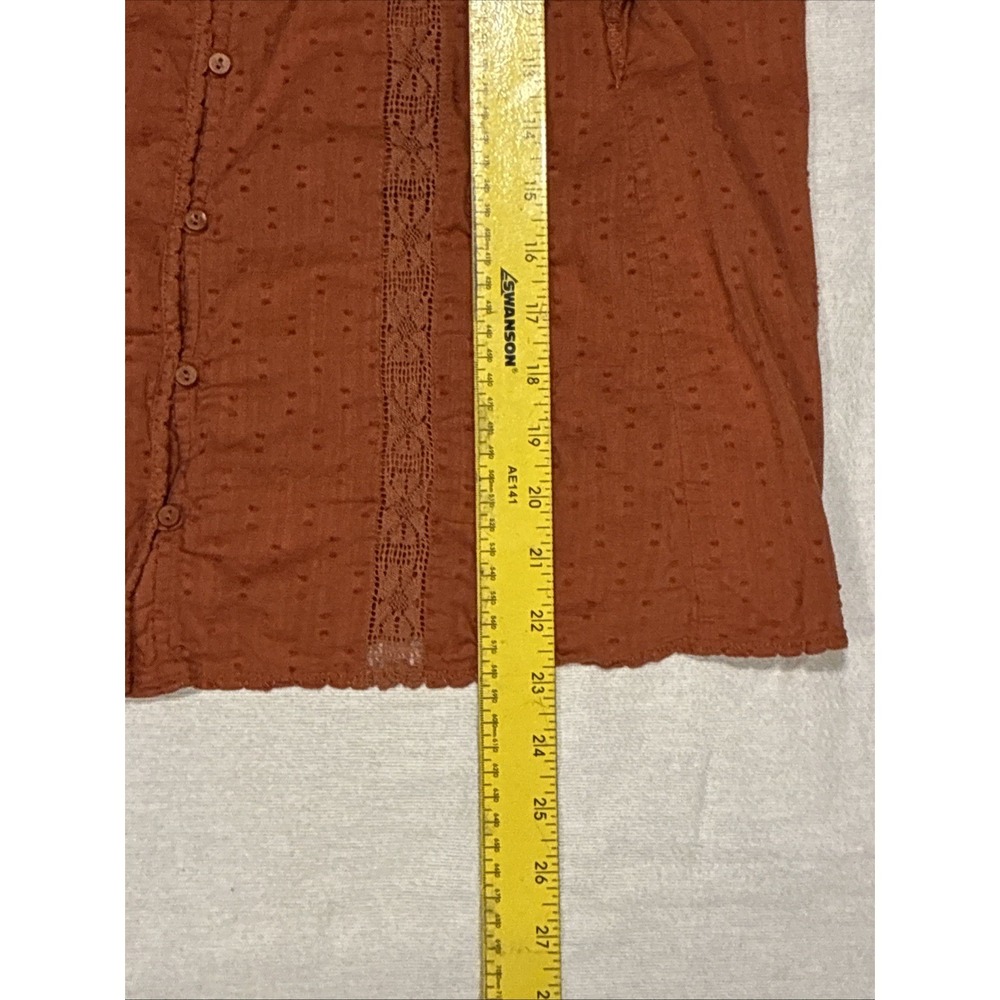 Women's Top Large Orange Peasant Blouse Ruffled Sleeves Crochet-lace Button-down - Picture 3 of 7